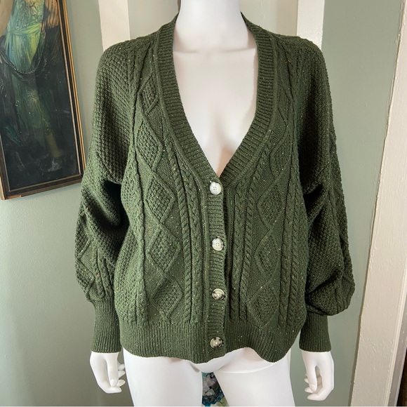 New nwt LOFT Forest Green Flecked Cable Knit Cardigan XLarge xl cotton blend - Picture 2 of 11